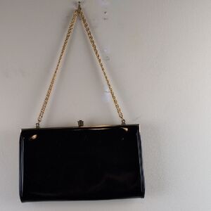 Elegant Vintage Morris Moskowitz Black Patent Leather Clutch Bag with Gold Chain